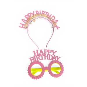 Pembe Renk Happy Birthday Yazılı Gözlük Ve Taç