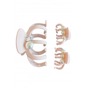 Pembe Renk İnci Detaylı 3lü Kemik Mandal Toka Set