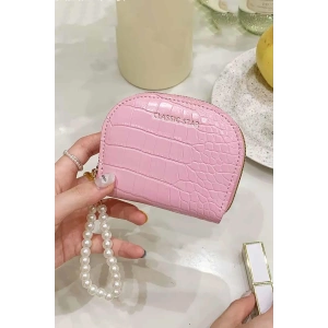 Pembe Renk İnci Detaylı Deri Kadın Cüzdan/Kartlık