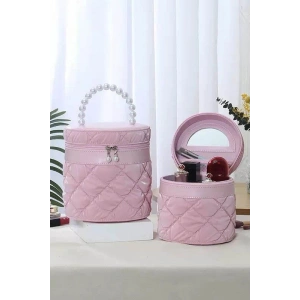 Pembe Renk İnci Detaylı Makyaj Ve Kişisel Bakım Çantası