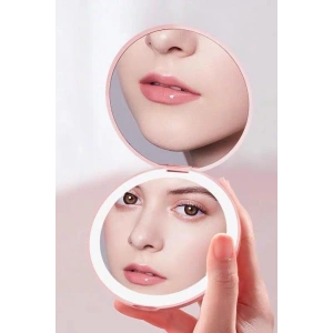 Pembe Renk Işıklı Makyaj Aynası/Cep Ayna