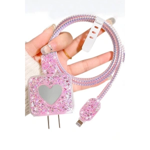 Pembe Renk Kalp Figürlü Ayna Detaylı Şarj Kablosu/ Adaptör Koruyucu Kılıf