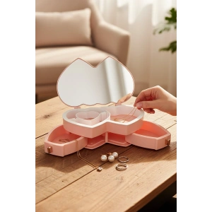 Pembe Renk Kalp Figürlü Aynalı Çekmeceli Takı Organizeri