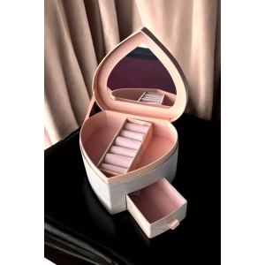 Pembe Renk Kalp Figürlü Bölmeli Çekmeceli Takı Organizeri