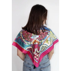 Pembe Renk Karışık Desenli Saten Şal/Fular