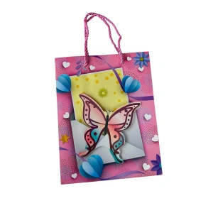 Pembe Renk Kelebek Figürlü 3D Görünümlü Karton Çanta