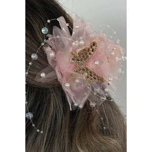 Pembe Renk Kelebek Figürlü İnci Detaylı Mandal  Toka