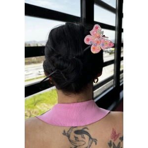 Pembe Renk Kelebek Figürlü Topuz Tokası/Topuz Kalemi