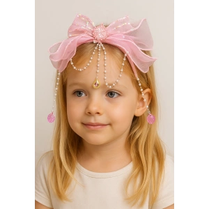 Pembe Renk Kurdele Figürlü İnci Detaylı Çocuk Taç