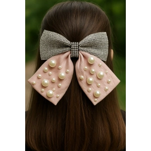 Pembe Renk Kurdele Figürlü İnci Ve Taş Detaylı Otomat Toka