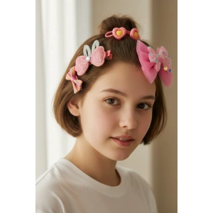 Pembe Renk Kurdele Figürlü Lastik, Yan Toka Set