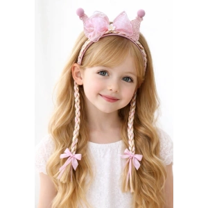 Pembe Renk Kurdele Figürlü Örgü Detaylı Çocuk Taç