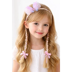 Pembe Renk Kurdele Figürlü Örgülü Çocuk Taç