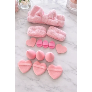 Pembe Renk Kurdele Figürlü Su Emici Havlu Bileklik/Saç Bandı/Makyaj Süngeri Set