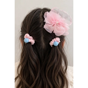 Pembe Renk Kurdele Figürlü Yan Toka Ve Lastik Toka Set