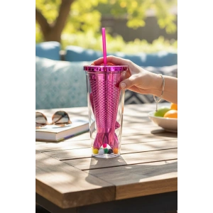 Pembe Renk Kuyruk Figürlü Ponpon Detaylı Pipetli Suluk