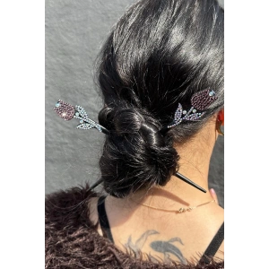 Pembe Renk Lale Figürlü Taş Detaylı İkili Topuz Tokası/ Kalemi