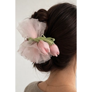 Pembe Renk Lale Figürlü Tül Detaylı Mandal Toka