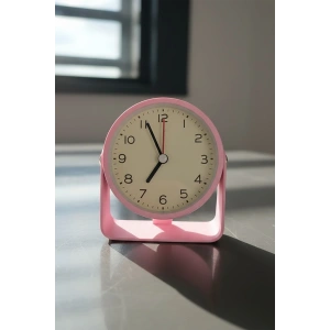 Pembe  Renk Mini Dekoratif Alarmlı Yuvarlak Masa Saati