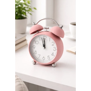 Pembe Renk Mini Dekoratif Işıklı Alarmlı Yuvarlak Masa Saati