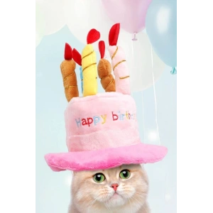 Pembe Renk Mum Figürlü Happy Birthday Yazılı Kedi Köpek Şapkası