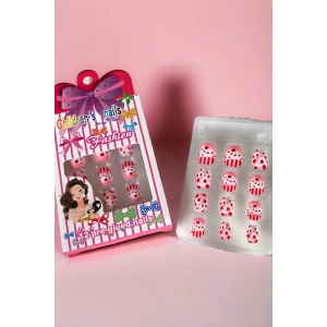 Pembe Renk Puantiye Figürlü Çocuk Takma Tırnak