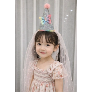 Pembe Renk Şapka Figürlü Tül Detaylı Çocuk Taç