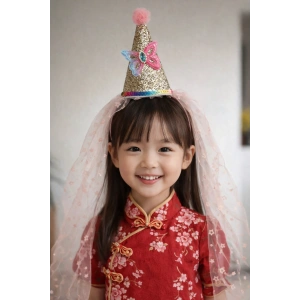 Pembe Renk Şapka Figürlü Tül Detaylı Çocuk Taç