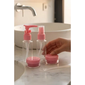 Pembe Renk Seyahat Kiti/ 4lü Doldurulabilir Şişe Set+Krem Kutusu