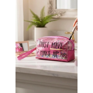 Pembe Renk Simli Makyaj Çantası