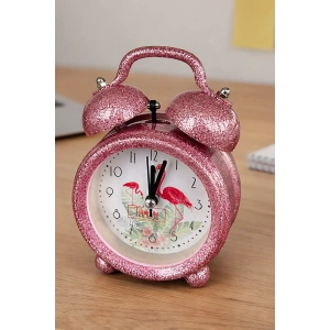 Pembe Renk Simli Mini Dekoratif Işıklı Alarmlı Yuvarlak Masa Saati