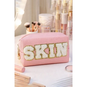 Pembe Renk Skın Yazılı Makyaj Çantası