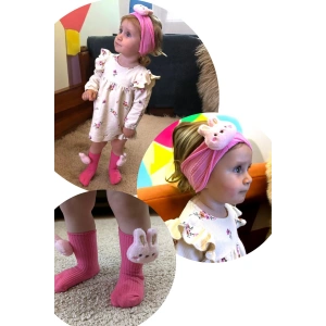 Pembe Renk Tavşan Figürlü Çocuk Saç Bandı Ve Çorap Set
