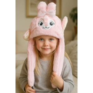 Pembe Renk Tavşan Figürlü Kulakları Oynayan Peluş Şapka