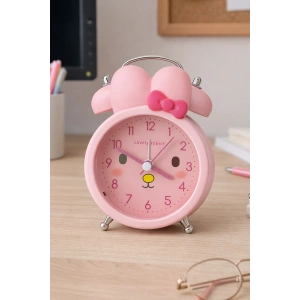 Pembe Renk Tavşan Figürlü Mini Dekoratif Işıklı Alarmlı Yuvarlak Masa Saati