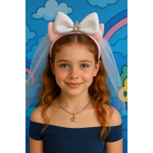 Pembe Renk Tüllü Duvak Detaylı Kraliçe Taç