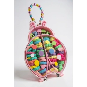 Pembe Renk Uğur Böceği Figürlü Boncuklu Çantalı Toka Seti