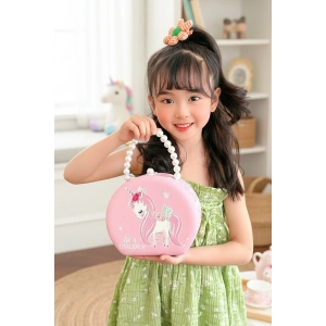 Pembe Renk Unicorn Figürlü İnci Detaylı Çanta Detaylı Takı Kutusu/Organizer