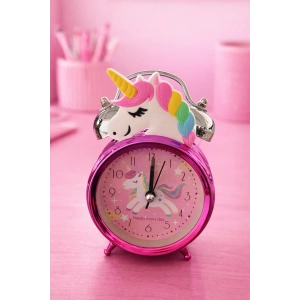 Pembe Renk Unicorn Figürlü Mini Dekoratif Işıklı Alarmlı Yuvarlak Masa Saati