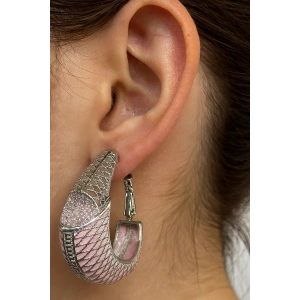 Pembe Ve Gümüş Renk 14K Altın Kaplama TX Küpe (Çift)