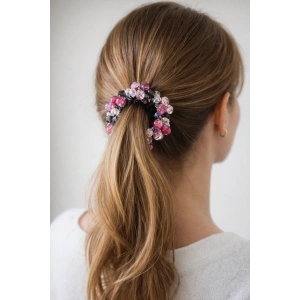 Pembe Ve Siyah Renk Boncuk Detaylı Lastik Toka