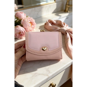 Pudra Pembe Renk Kalp Detaylı Deri Kadın Cüzdan