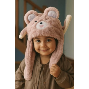 Pudra Renk Ayıcık Figürlü Kulakları Oynayan Peluş Şapka