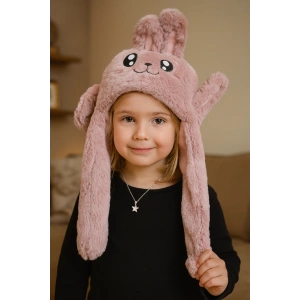 Pudra Renk Tavşan Figürlü Kulakları Oynayan Peluş Şapka