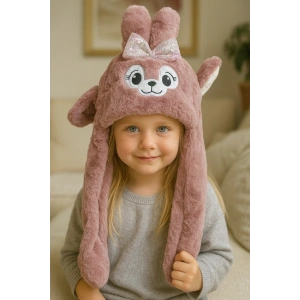 Pudra Renk Tavşan Figürlü Kulakları Oynayan Peluş Şapka