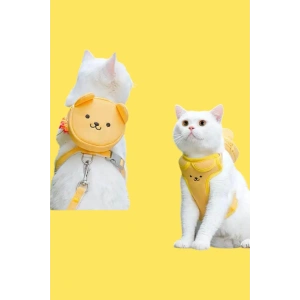 Sarı Renk Ayıcık Figürlü Çanta Detaylı Bel Göğüs Ayarlanabilir Kedi/Köpek Tasma