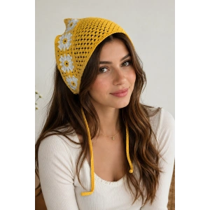 Sarı Renk Çiçek Desenli Örgü Saç Bandana