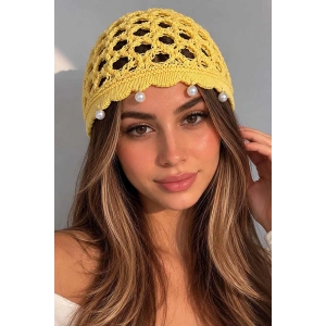 Sarı Renk İnci Detaylı Örgü Saç Bandana