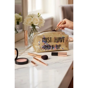 Sarı Renk Simli Makyaj Çantası