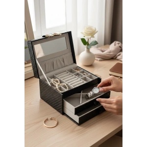 Siyah Renk Ayna Detaylı Çekmeceli Deri Takı Organizeri